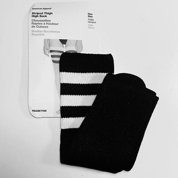 Vintage NEW American Apparel Thigh High Thick Socks Black White Stripes rare y2k - Picture 2 of 6